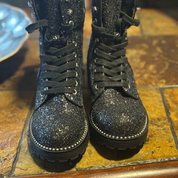 Black Glitter Combat Boots - Picture 5 of 8